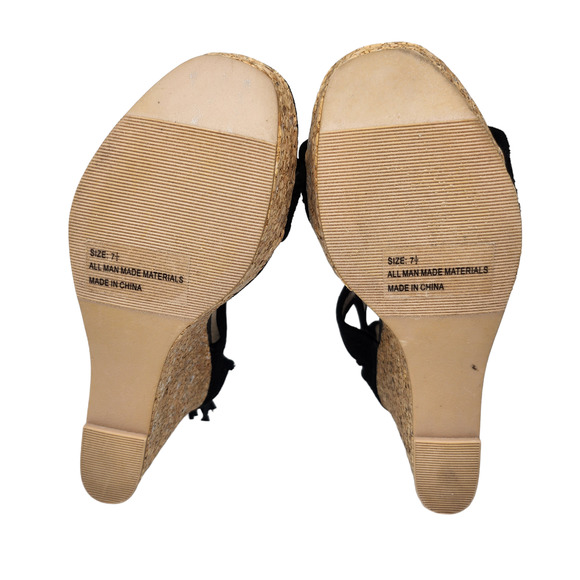 Black Boho Wedge Heels Womens 7.5 Platform Tassel Peep Toe Dressy Evening - Picture 10 of 10